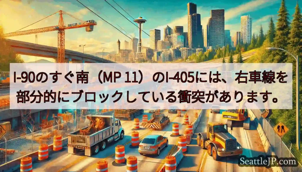 I-90のすぐ南（MP 11）のI-405には、右車線を部分的にブロックしている衝突があります。
