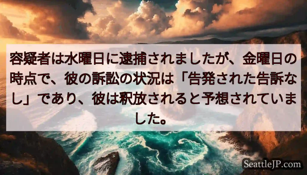 容疑者は水曜日に逮捕されましたが、金曜日の時点で、彼の訴訟の状況は「告発された告訴なし」であり、彼は
