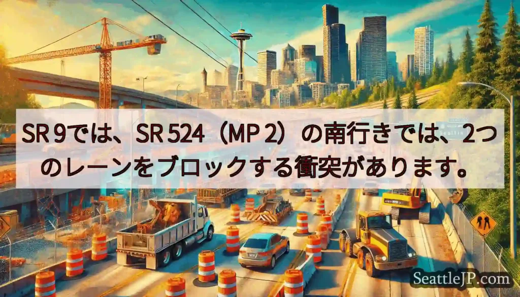 SR 9では、SR 524（MP 2）の南行きでは、2つのレーンをブロックする衝突があります。