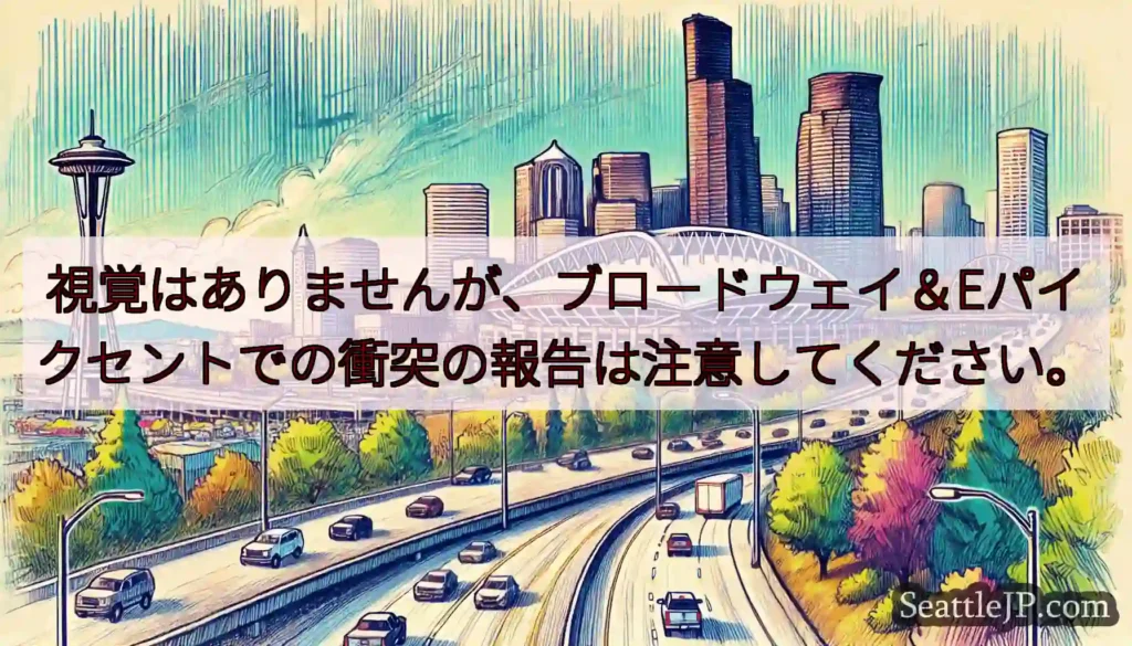 視覚はありませんが、ブロードウェイ＆Eパイクセントでの衝突の報告は注意してください。