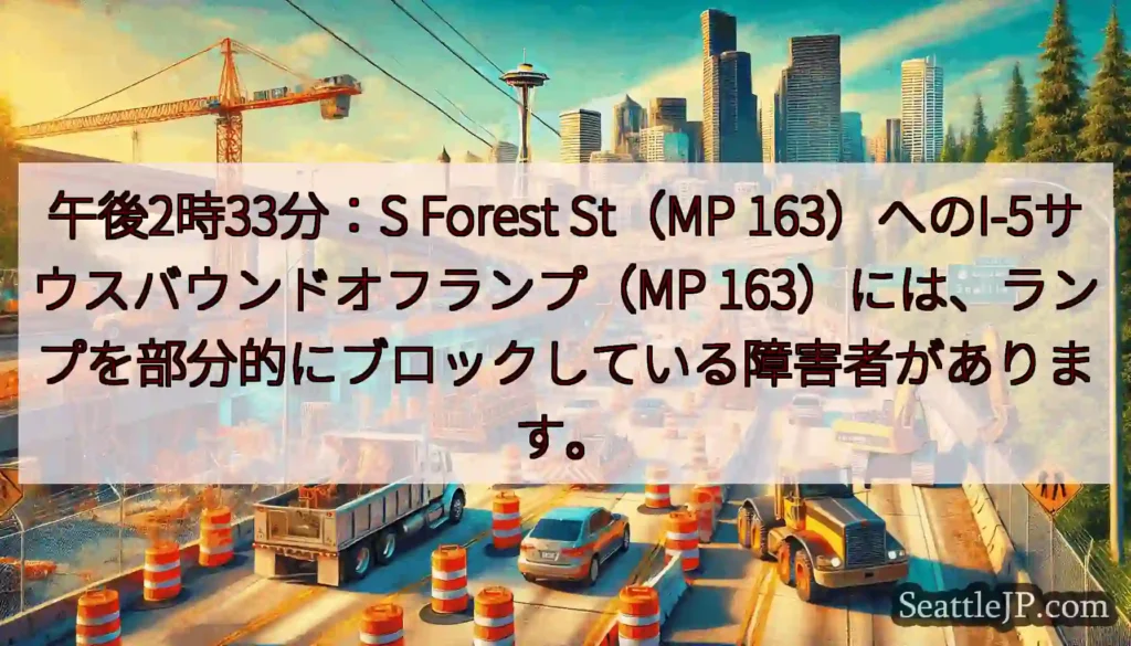午後2時33分：S Forest St（MP 163）へのI-5サウスバウンドオフランプ（MP