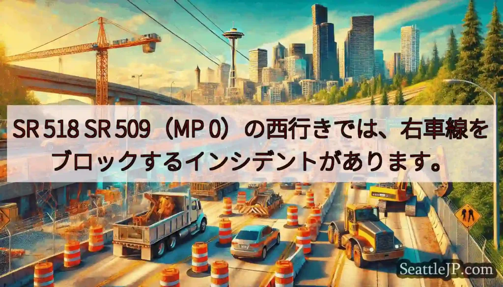 SR 518 SR 509（MP 0）の西行きでは、右車線をブロックするインシデントがあります。