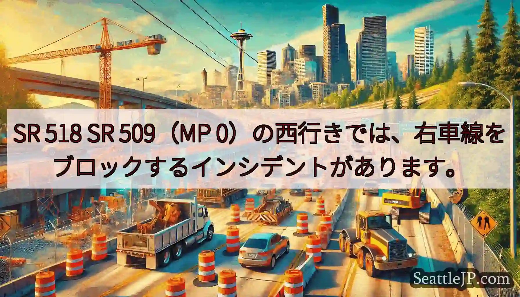 SR 518 SR 509（MP 0）の西行きでは、右車線をブロックするインシデントがあります。