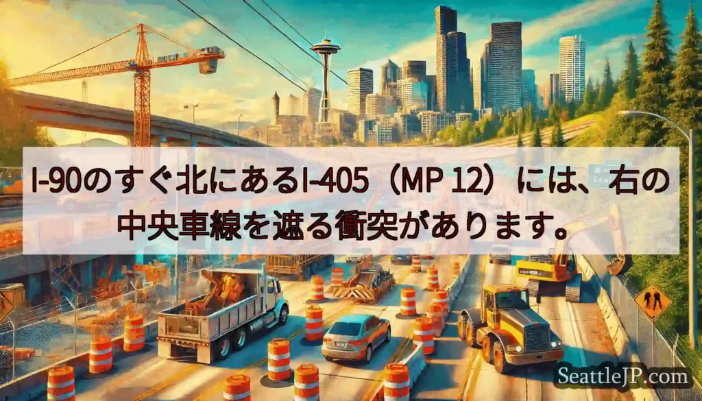 I-90のすぐ北にあるI-405（MP 12）には、右の中央車線を遮る衝突があります。