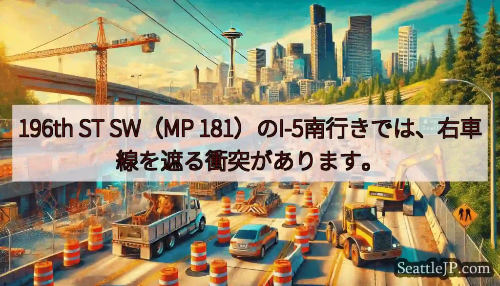 196th ST SW（MP 181）のI-5南行きでは、右車線を遮る衝突があります。