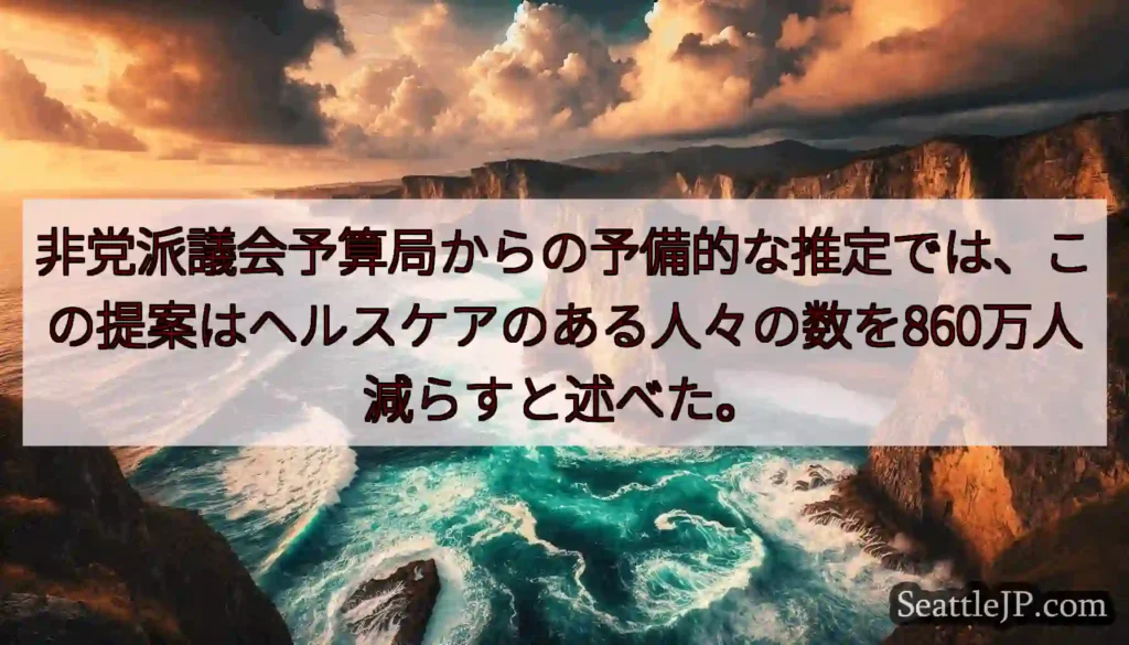 非党派議会予算局からの予備的な推定では、この提案はヘルスケアのある人々の数を860万人減らすと述べた