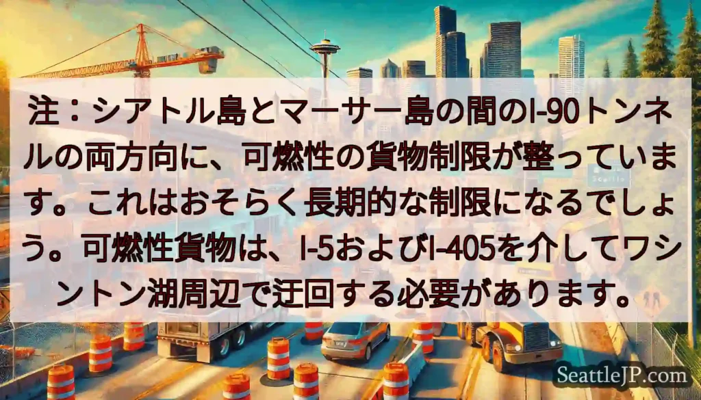注：シアトル島とマーサー島の間のI-90トンネルの両方向に、可燃性の貨物制限が整っています。これはお