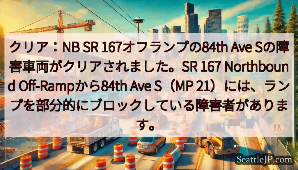 クリア：NB SR 167オフランプの84th Ave Sの障害車両がクリアされました。SR