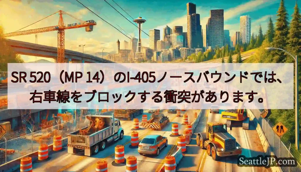 SR 520（MP 14）のI-405ノースバウンドでは、右車線をブロックする衝突があります。