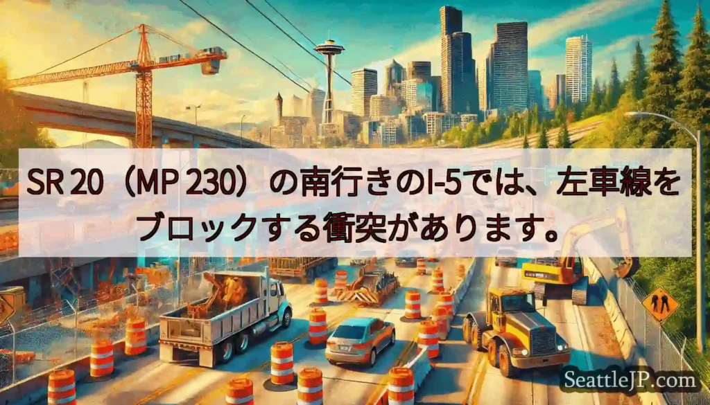 SR 20（MP 230）の南行きのI-5では、左車線をブロックする衝突があります。