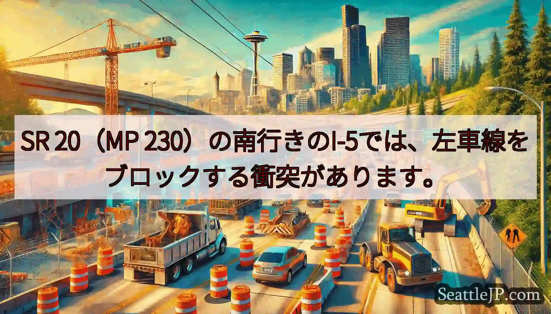 SR 20（MP 230）の南行きのI-5では、左車線をブロックする衝突があります。