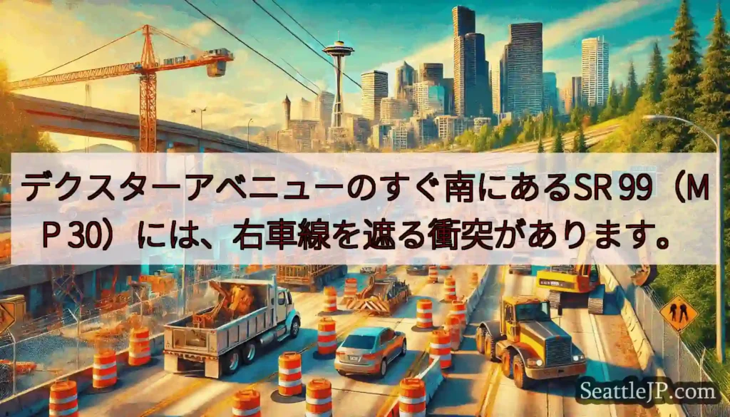 デクスターアベニューのすぐ南にあるSR 99（MP 30）には、右車線を遮る衝突があります。