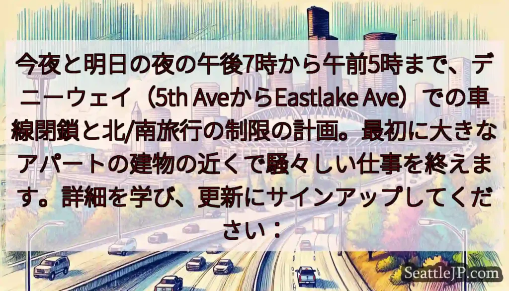 今夜と明日の夜の午後7時から午前5時まで、デニーウェイ（5th AveからEastlake