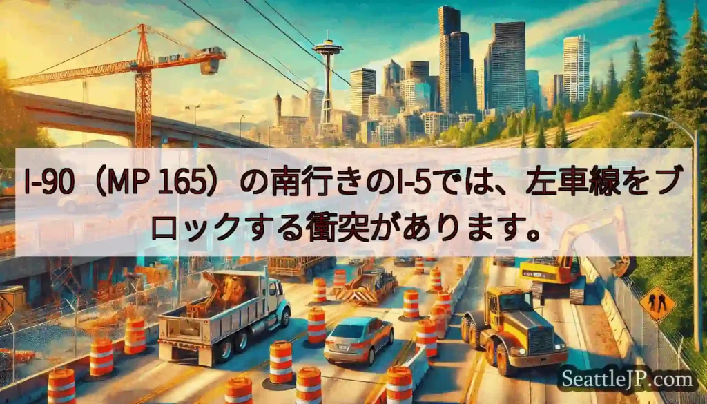 I-90（MP 165）の南行きのI-5では、左車線をブロックする衝突があります。