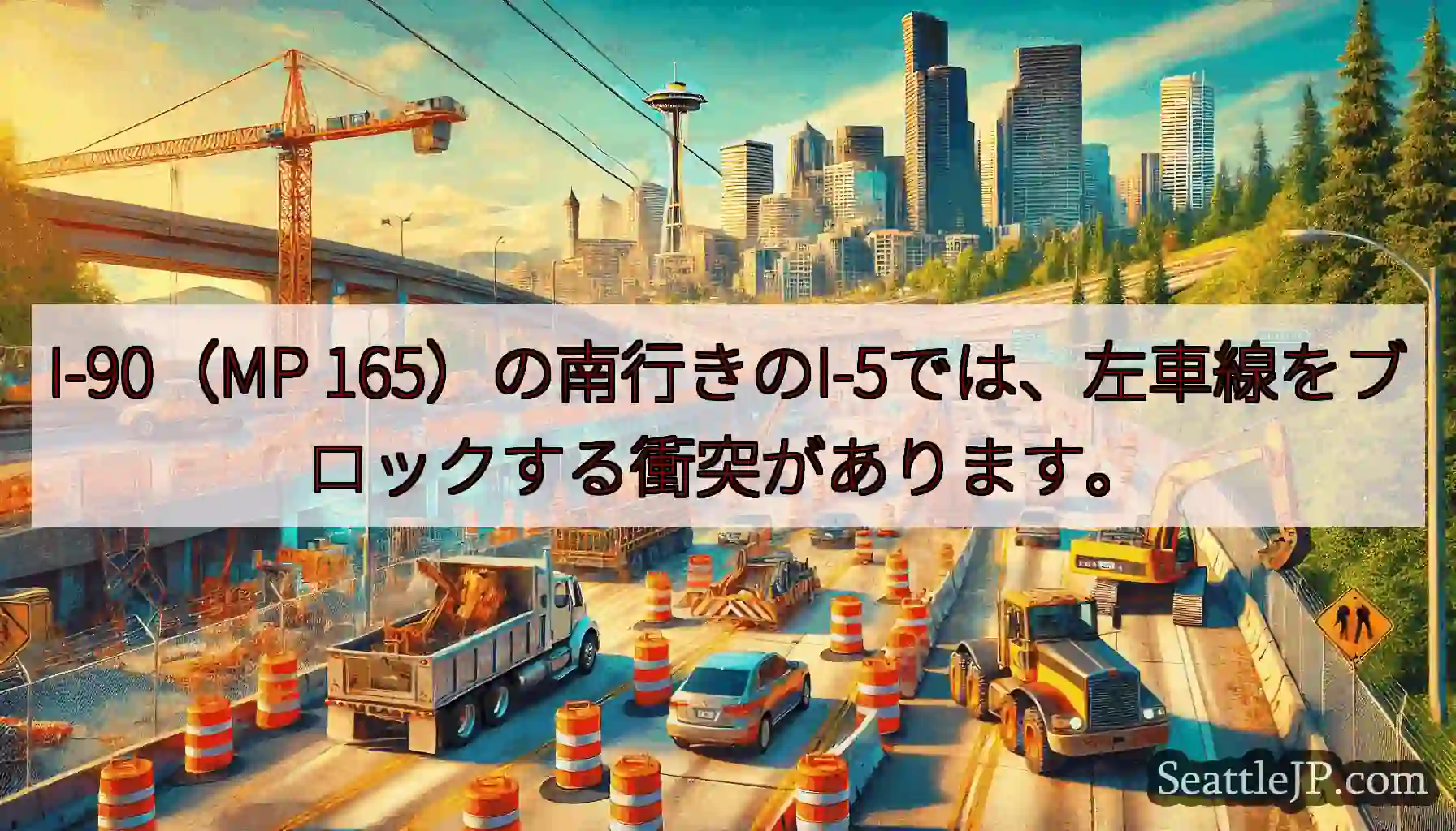 I-90（MP 165）の南行きのI-5では、左車線をブロックする衝突があります。