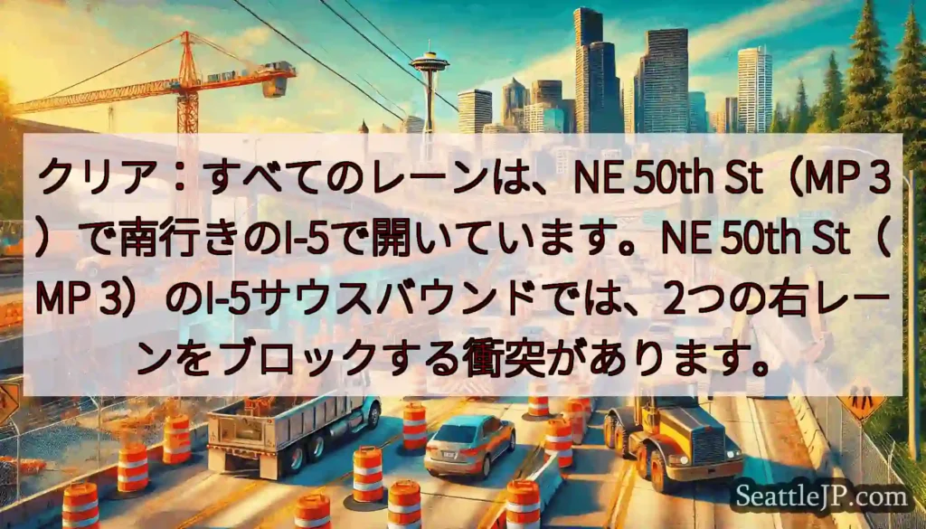 クリア：すべてのレーンは、NE 50th St（MP 3）で南行きのI-5で開いています。NE