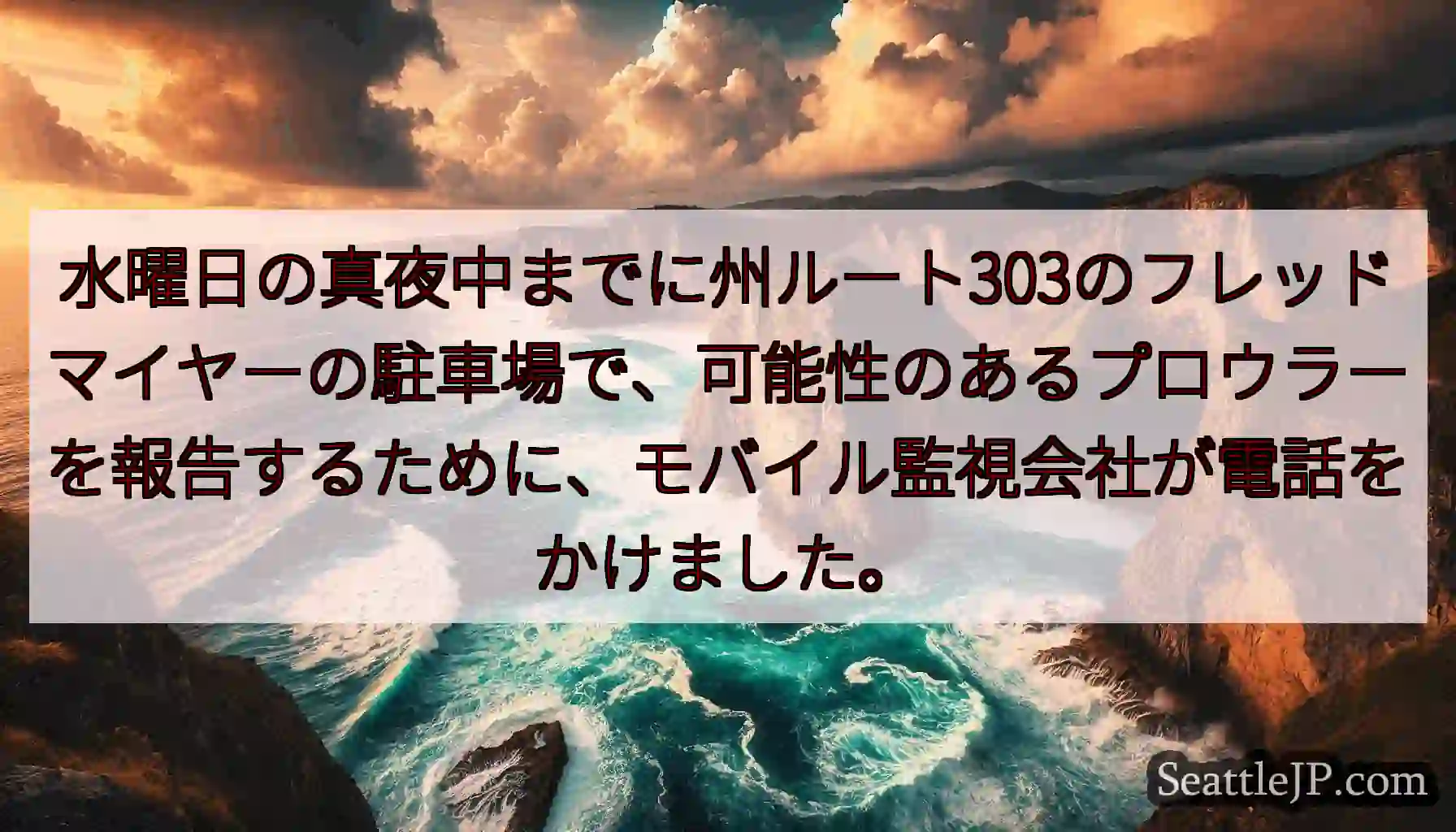 水曜日の真夜中までに州ルート303のフレッドマイヤーの駐車場で、可能性のあるプロウラーを報告するため