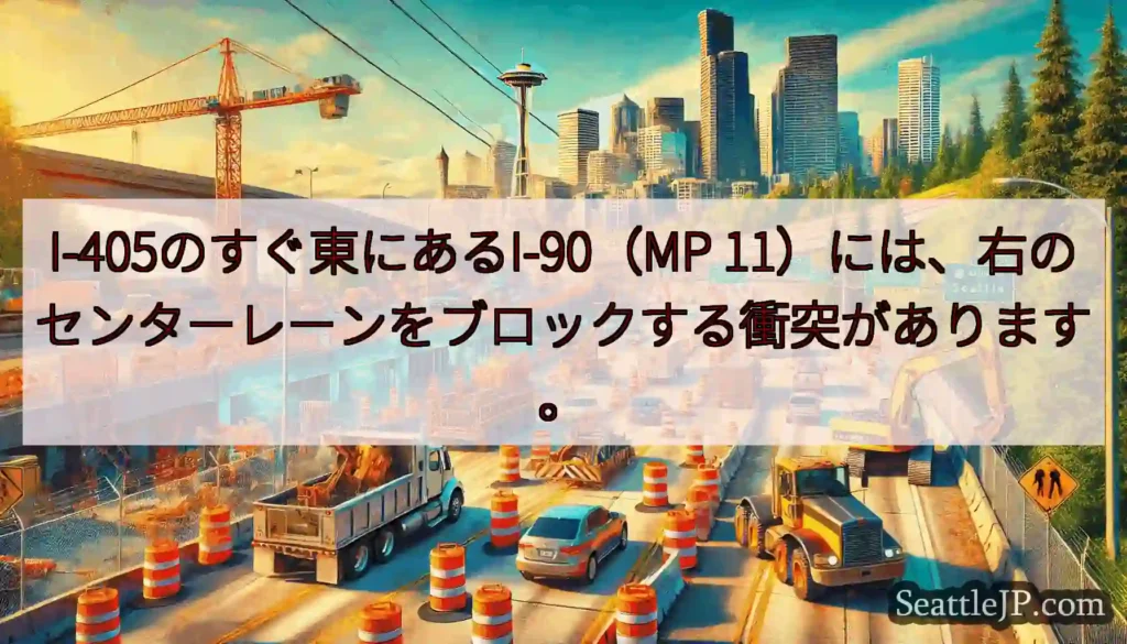 I-405のすぐ東にあるI-90（MP 11）には、右のセンターレーンをブロックする衝突があります。