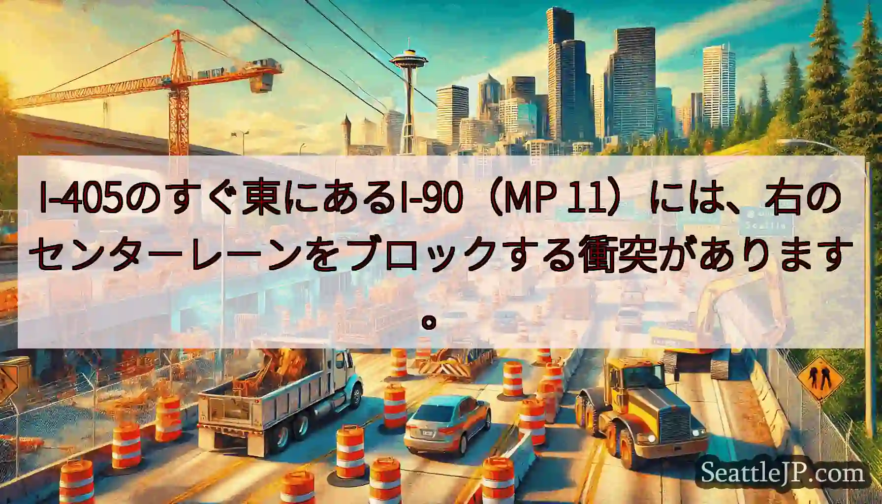 I-405のすぐ東にあるI-90（MP 11）には、右のセンターレーンをブロックする衝突があります。