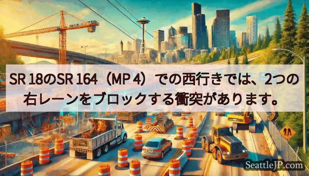 SR 18のSR 164（MP 4）での西行きでは、2つの右レーンをブロックする衝突があります。