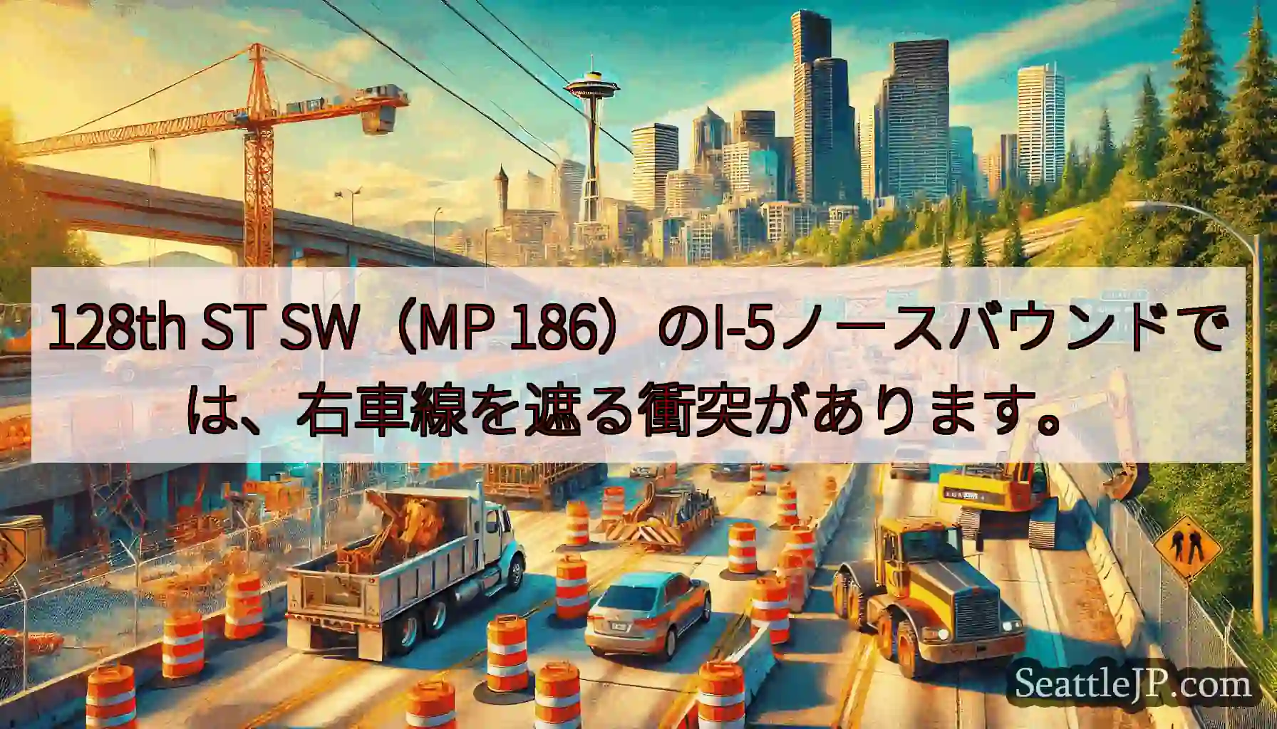 128th ST SW（MP 186）のI-5ノースバウンドでは、右車線を遮る衝突があります。