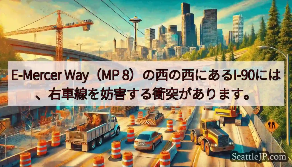 E-Mercer Way（MP 8）の西の西にあるI-90には、右車線を妨害する衝突があります。