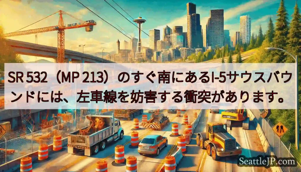 SR 532(MP 213)のすぐ南にあるI-5サウスバウンドには、左車線を妨害する衝突があります。