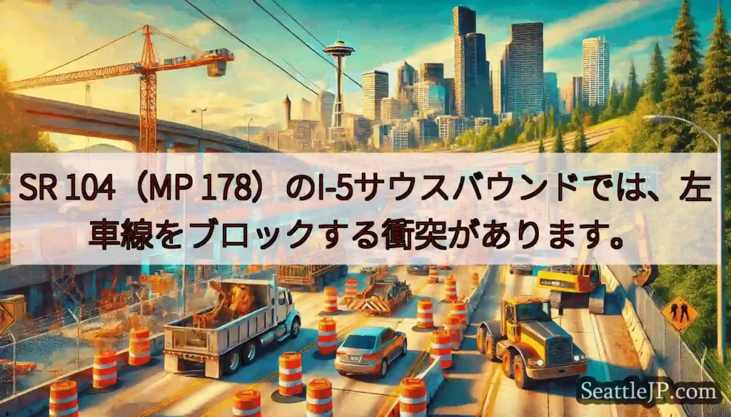 SR 104（MP 178）のI-5サウスバウンドでは、左車線をブロックする衝突があります。