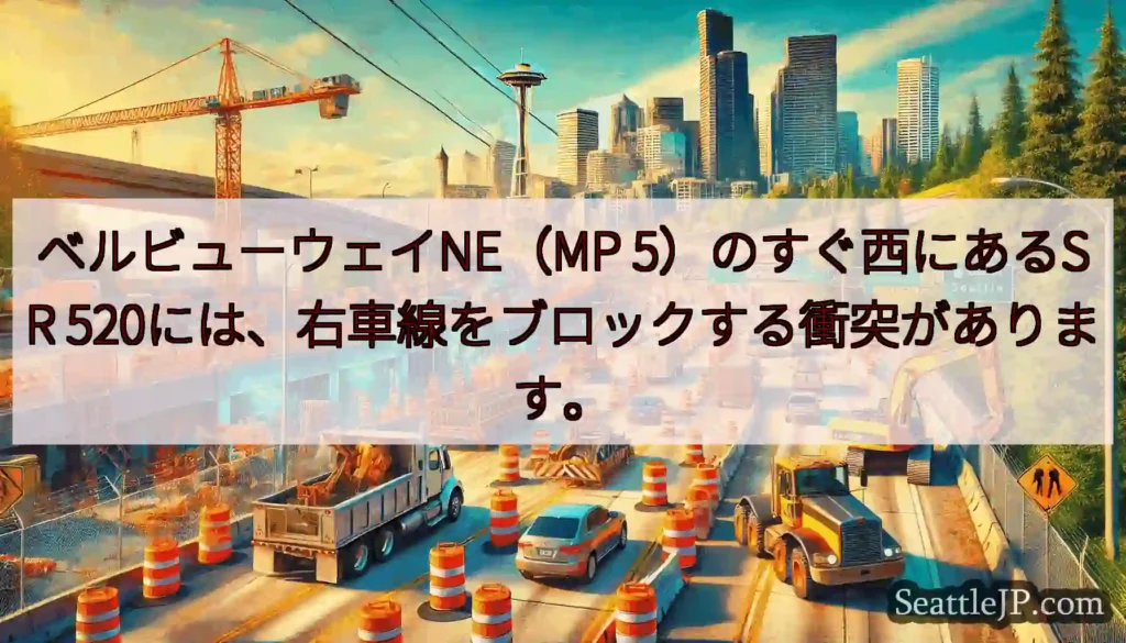 ベルビューウェイNE（MP 5）のすぐ西にあるSR 520には、右車線をブロックする衝突があります。