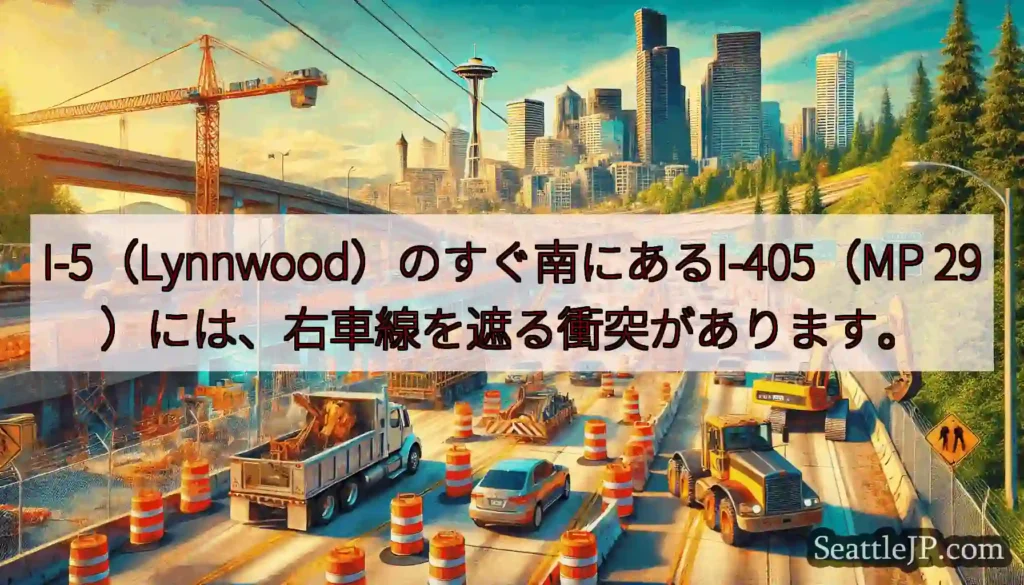 I-5（Lynnwood）のすぐ南にあるI-405（MP 29）には、右車線を遮る衝突があります。