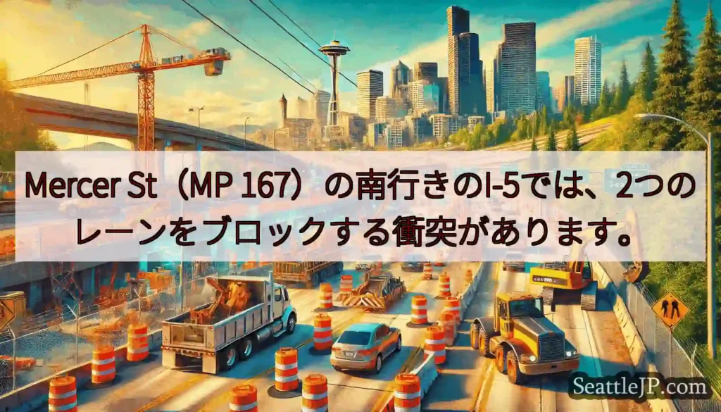 Mercer St（MP 167）の南行きのI-5では、2つのレーンをブロックする衝突があります。