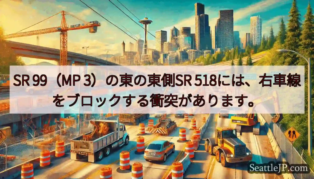 SR 99（MP 3）の東の東側SR 518には、右車線をブロックする衝突があります。