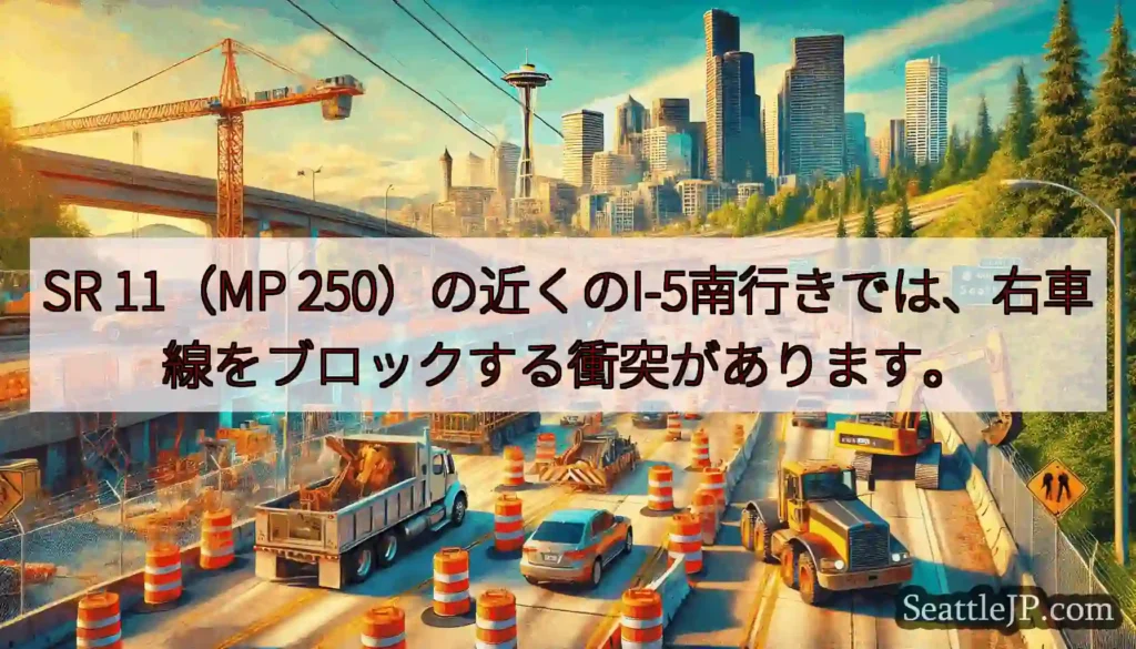 SR 11（MP 250）の近くのI-5南行きでは、右車線をブロックする衝突があります。