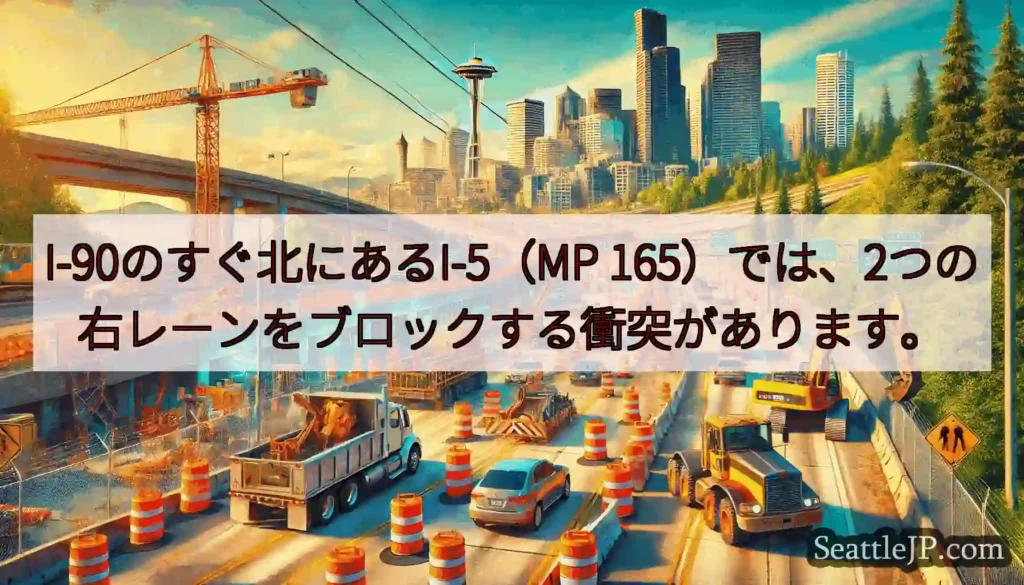 I-90のすぐ北にあるI-5（MP 165）では、2つの右レーンをブロックする衝突があります。
