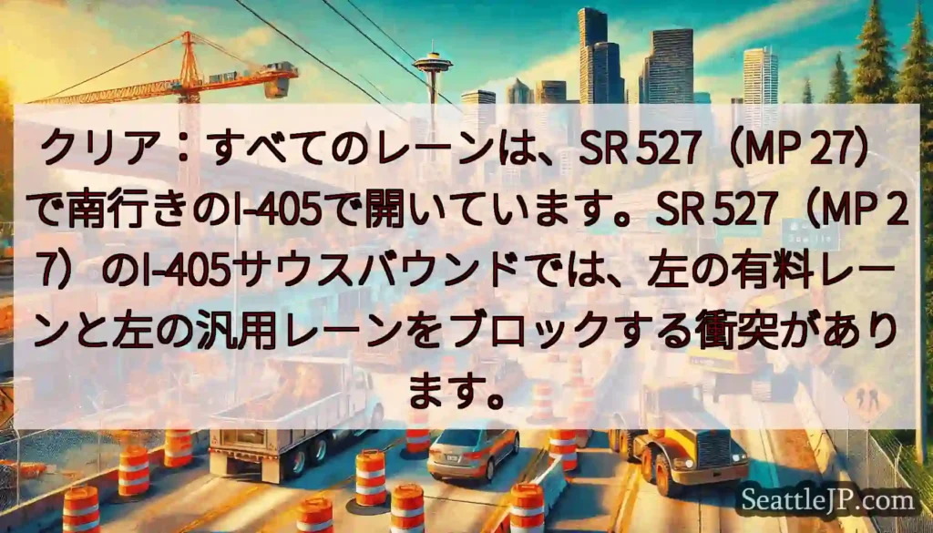 クリア：すべてのレーンは、SR 527（MP 27）で南行きのI-405で開いています。SR