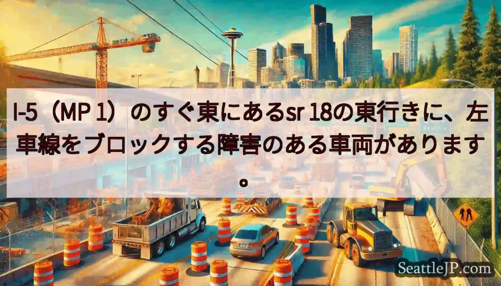 I-5（MP 1）のすぐ東にあるsr 18の東行きに、左車線をブロックする障害のある車両があります。