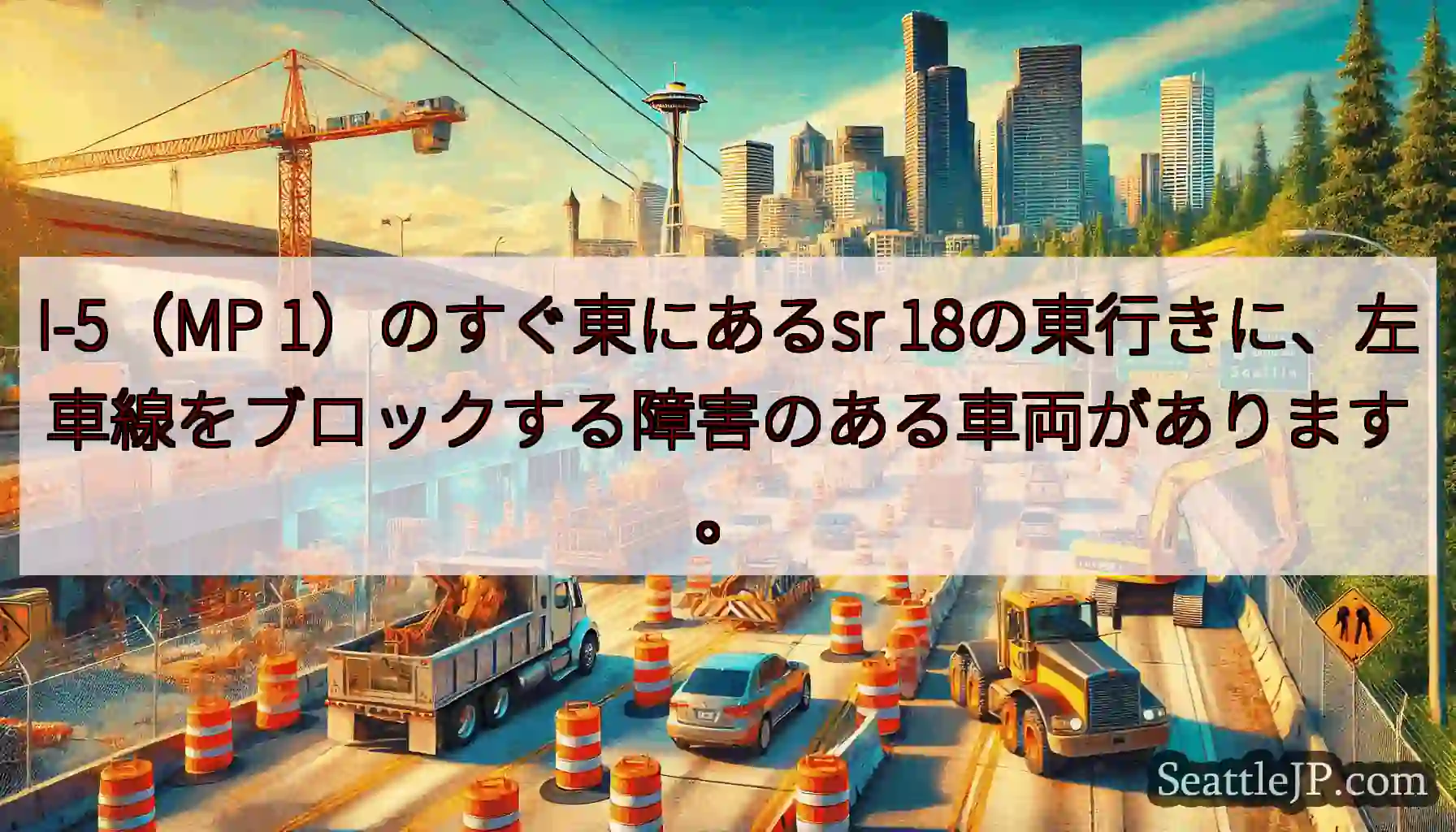 I-5（MP 1）のすぐ東にあるsr 18の東行きに、左車線をブロックする障害のある車両があります。