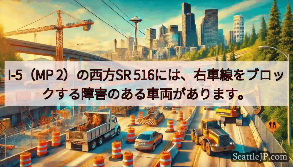 I-5（MP 2）の西方SR 516には、右車線をブロックする障害のある車両があります。