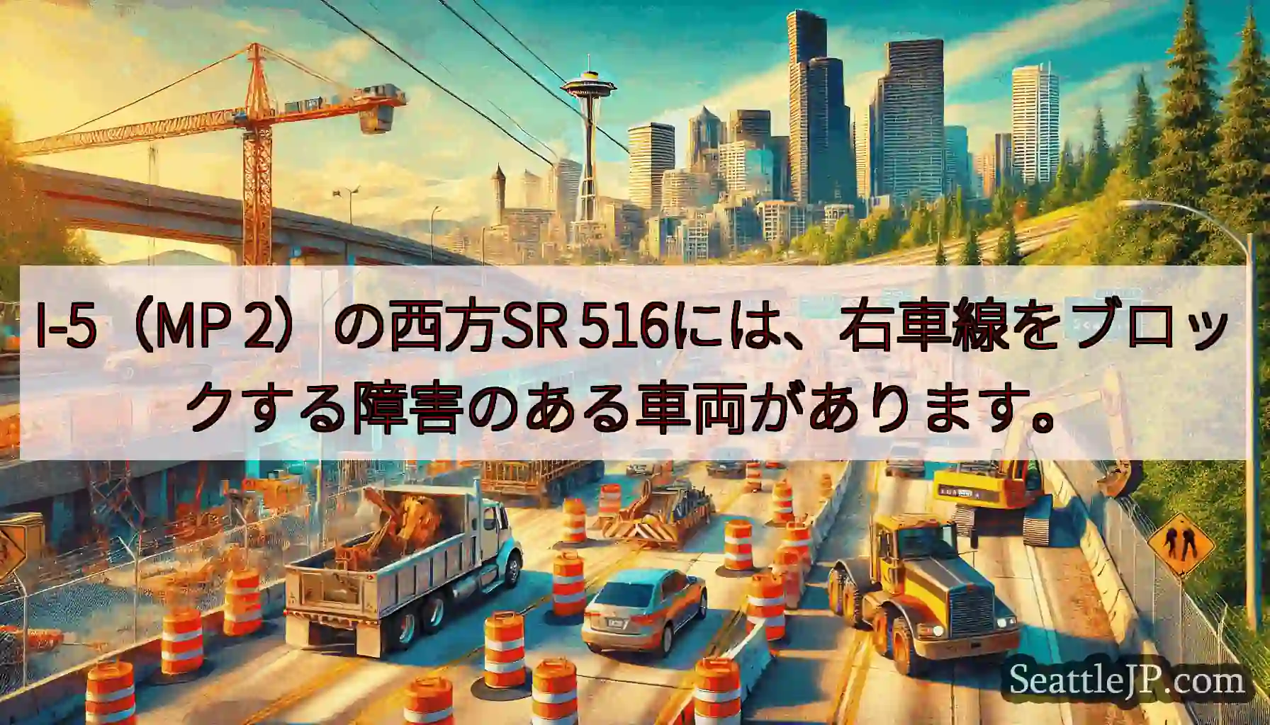 I-5（MP 2）の西方SR 516には、右車線をブロックする障害のある車両があります。