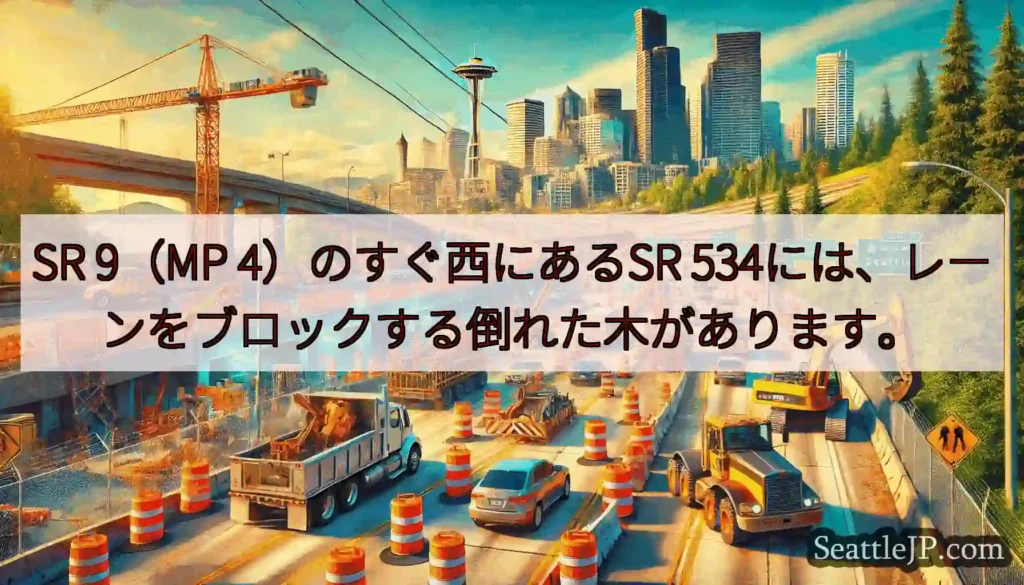 SR 9（MP 4）のすぐ西にあるSR 534には、レーンをブロックする倒れた木があります。