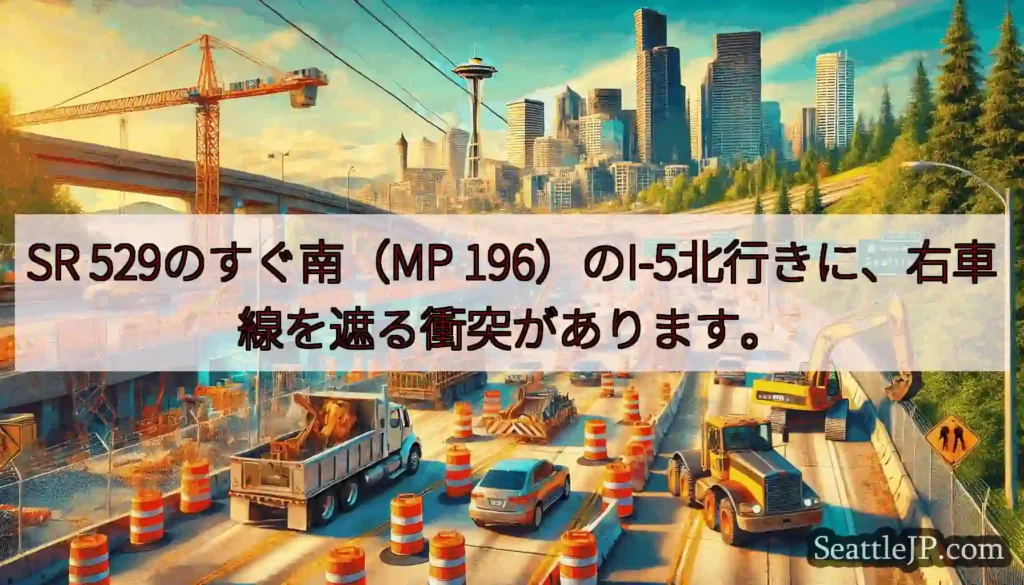 SR 529のすぐ南（MP 196）のI-5北行きに、右車線を遮る衝突があります。