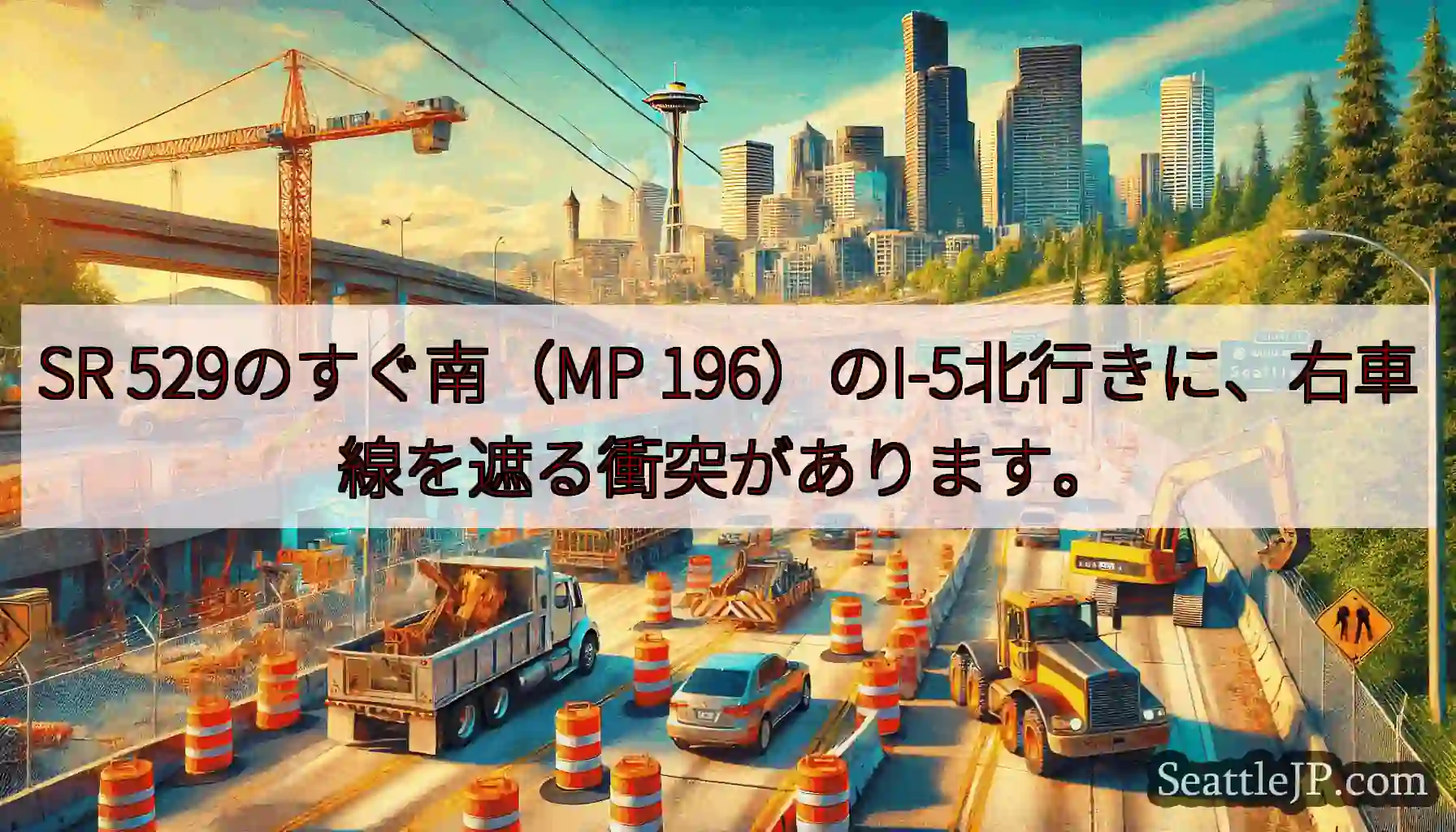 SR 529のすぐ南（MP 196）のI-5北行きに、右車線を遮る衝突があります。