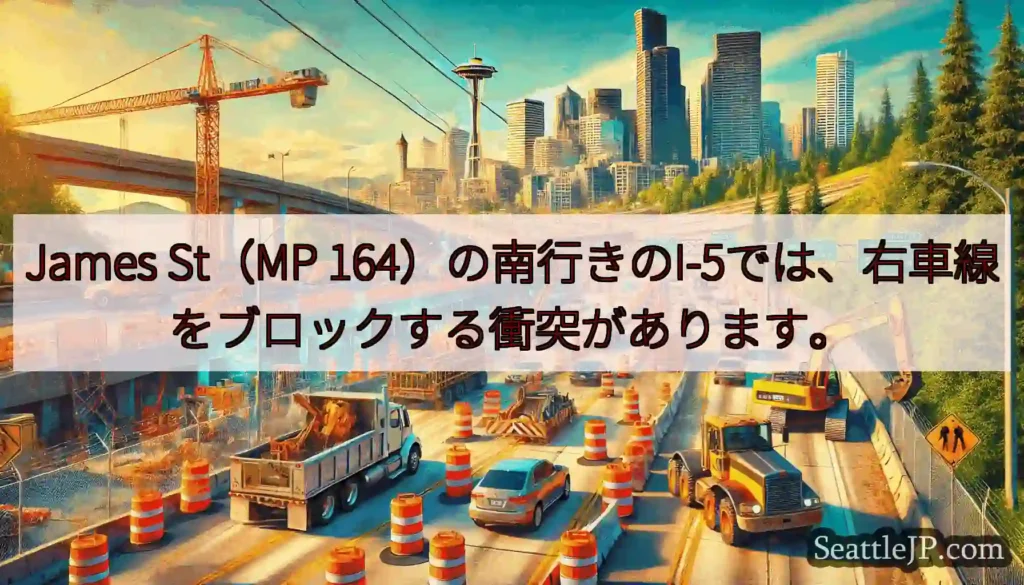 James St（MP 164）の南行きのI-5では、右車線をブロックする衝突があります。