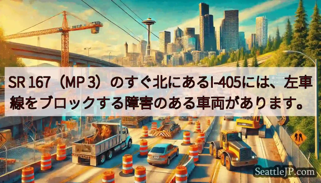 SR 167（MP 3）のすぐ北にあるI-405には、左車線をブロックする障害のある車両があります。