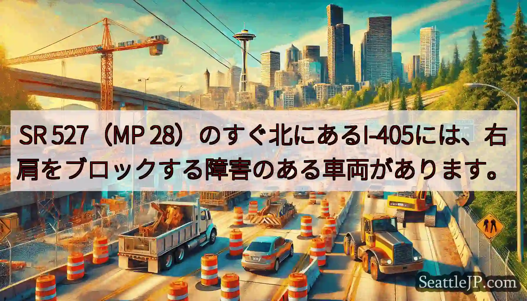 SR 527（MP 28）のすぐ北にあるI-405には、右肩をブロックする障害のある車両があります。