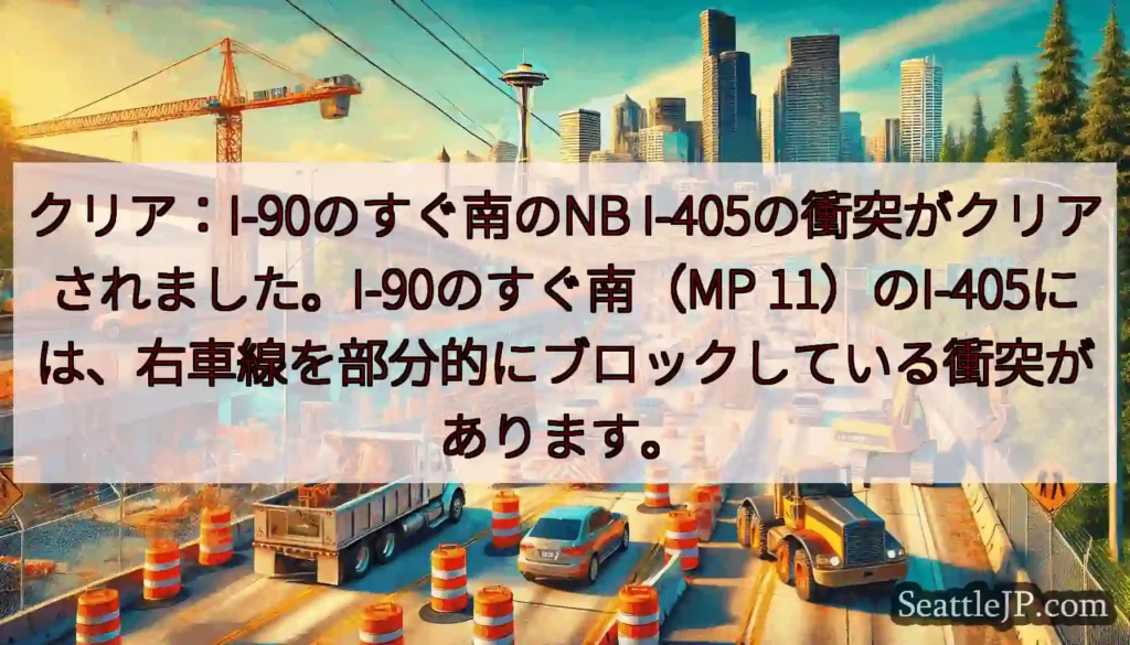 クリア：I-90のすぐ南のNB I-405の衝突がクリアされました。I-90のすぐ南（MP