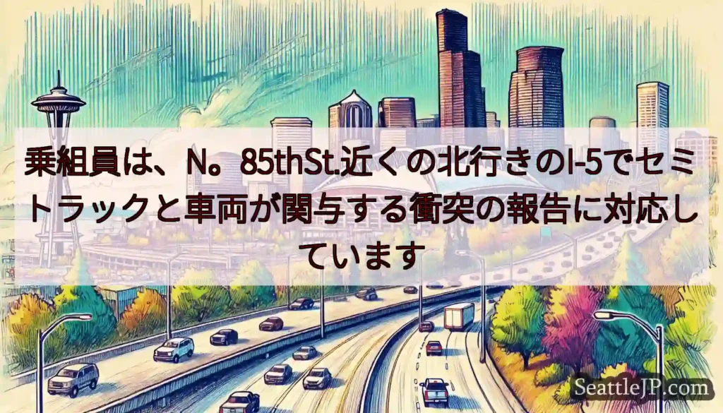 乗組員は、N。85thSt.近くの北行きのI-5でセミトラックと車両が関与する衝突の報告に対応してい