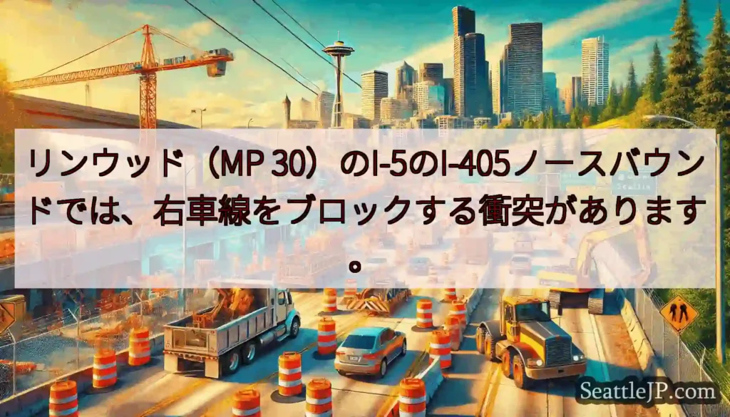リンウッド（MP 30）のI-5のI-405ノースバウンドでは、右車線をブロックする衝突があります。