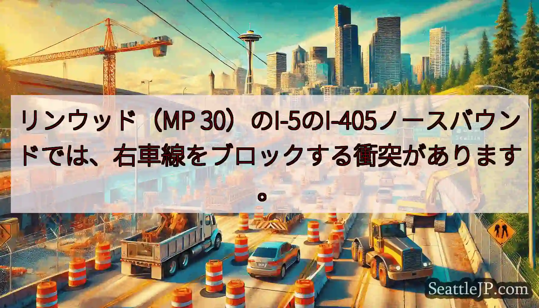 リンウッド（MP 30）のI-5のI-405ノースバウンドでは、右車線をブロックする衝突があります。