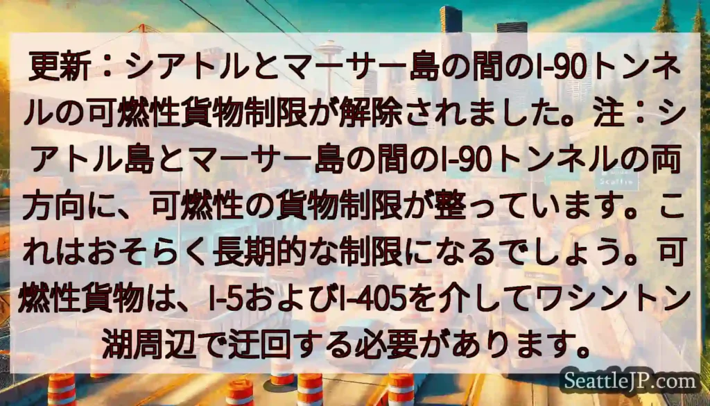 更新：シアトルとマーサー島の間のI-90トンネルの可燃性貨物制限が解除されました。注：シアトル島とマ